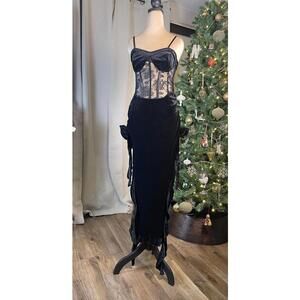 Gothic Royalty Black Lace and Velvet Maxi Dress with Corset Detail Size Small